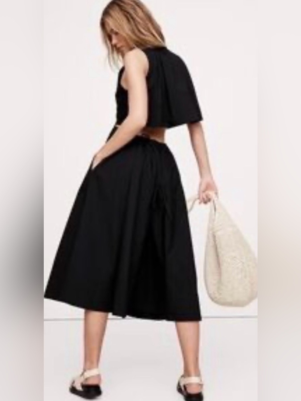 Banana Republic NWT Black Cotton Poplin Open Back Drawstring Waist Midi Dress L